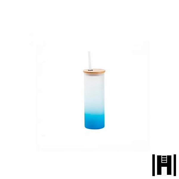 Copo de Vidro Jateado Degradê Azul 500ml Para Sublimação Tampa de Bambu