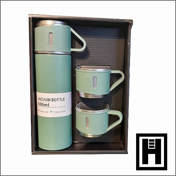 Garrafa Térmica Vacuum Flask Set Verde 500ml Com 3 Xícaras