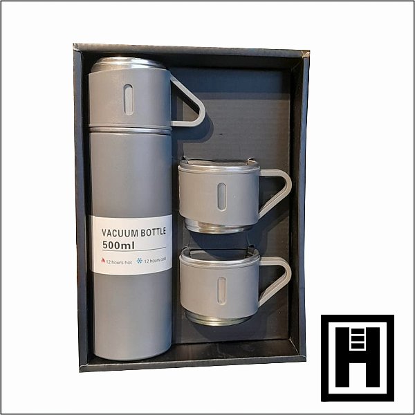 Garrafa Térmica Vacuum Flask  Set Cinza 500ml Com 3 Xícaras