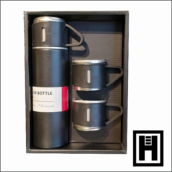 Garrafa Térmica Vacuum Flask Set Preto 500ml Com 3 Xícaras