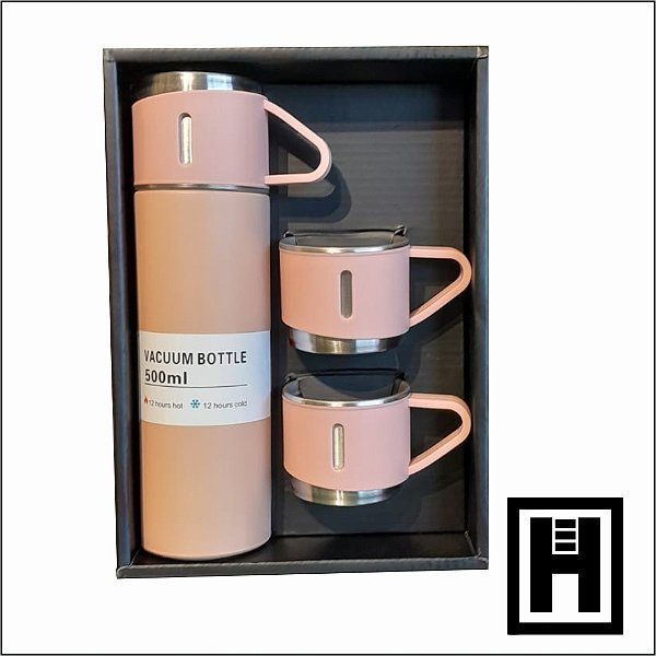 Garrafa Térmica Vacuum Flask Set Rosa 500ml Com 3 Xícaras