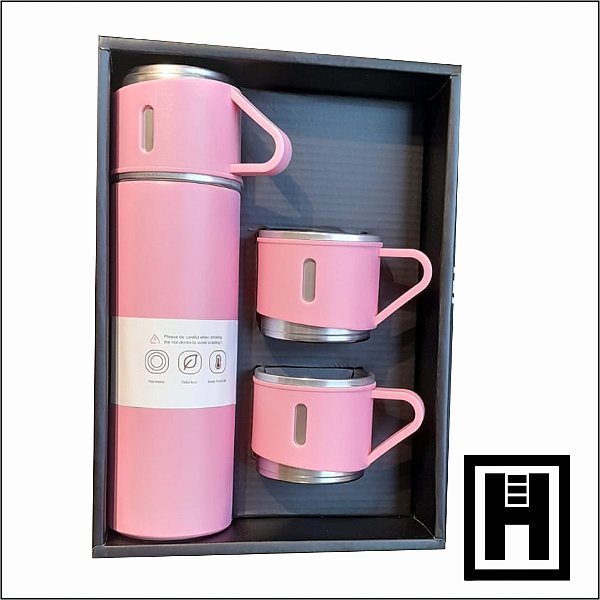 Garrafa Térmica Vacuum Flask Set Rosa 500ml Com 3 Xícaras