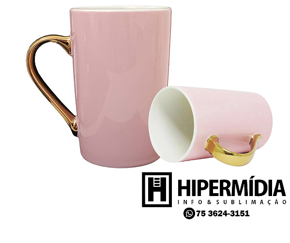 Caneca Rosa Alça Dourada - 400ml
