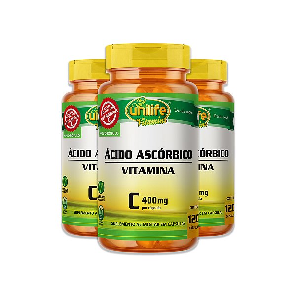 Kit 3 Vitamina C Ácido Ascórbico Unilife 120 Capsulas Veganas