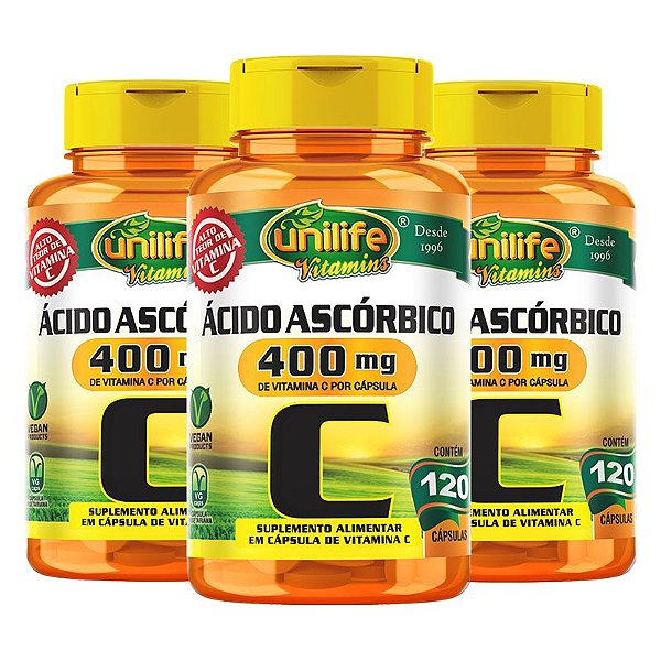 Kit 3 Vitamina C Ácido Ascórbico Unilife 120 Capsulas Veganas