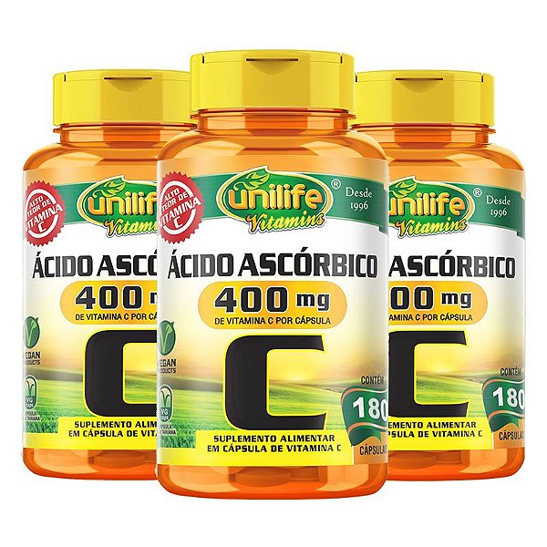 Kit 3 Vitamina C Ácido Ascórbico Unilife 180 Cápsulas Veganas