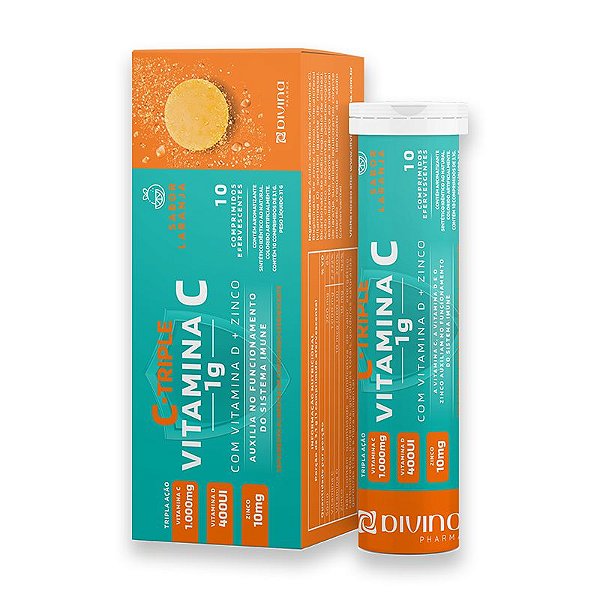 C-Triple Efervescente Vitamina C 1g + Zinco 10mg + Vitamina D 400Ui Divina Pharma 10Und