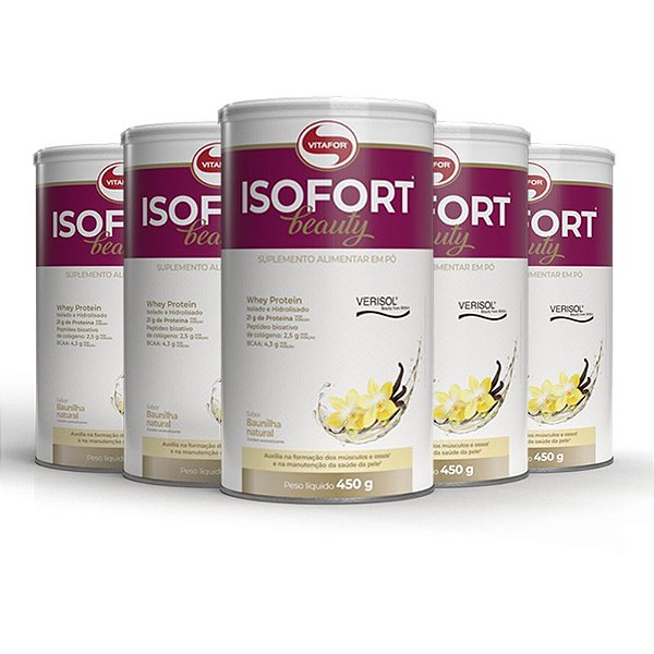 Kit 5 Whey Protein Isolado Isofort Beauty Vitafor 450g Baunilha