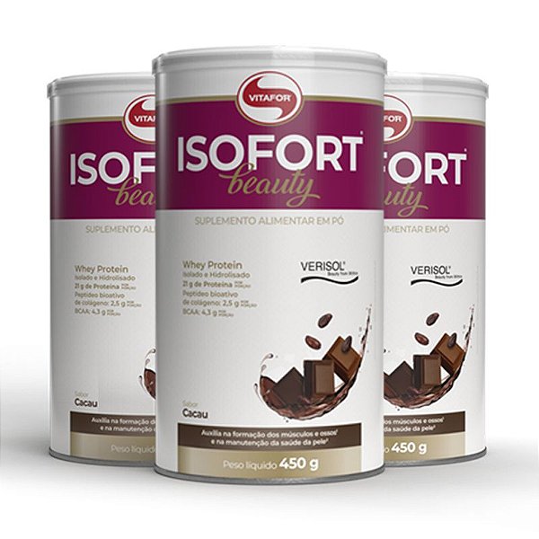 Kit 3 Whey Protein Isofort Beauty Isolado Vitafor 450g Cacau