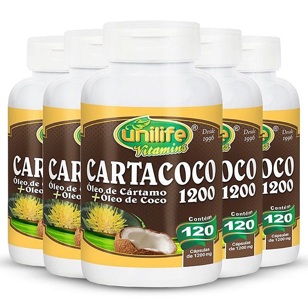 Kit 5 Óleo de Cártamo e Coco Cartacoco 1200mg Unilife 120 cápsulas