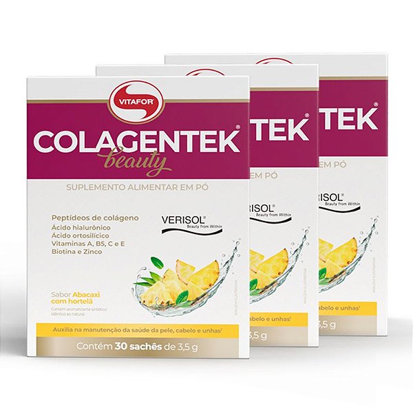 Kit 3 Colagentek Beauty Vitafor 30 Sachês 3,5g Abacaxi Com Hortelã