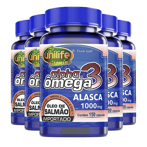 Kit 5 Ômega 3 Alpha Óleo de Salmão Unilife 1000mg 150 Cápsulas