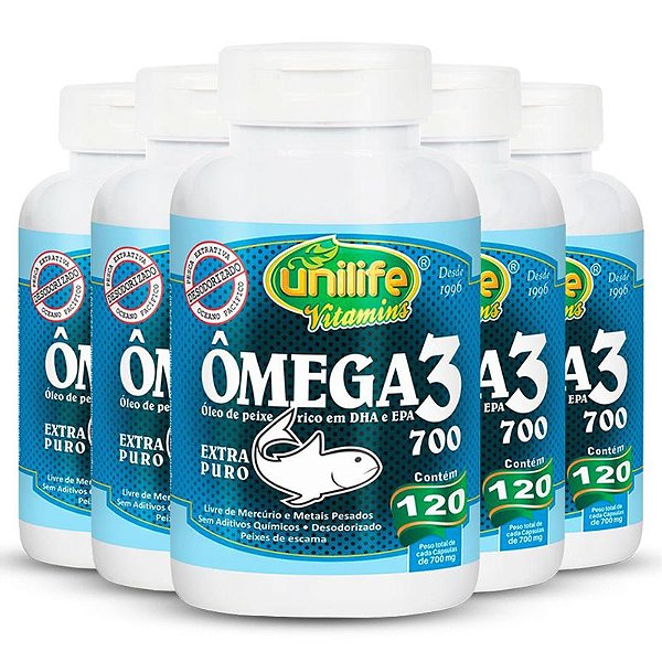 Kit 5 Ômega 3 Óleo de peixe 700mg Unilife 120 cápsulas