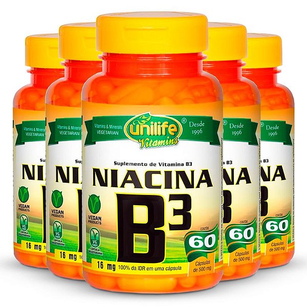 Kit 5 Vitamina B3 Niacina 60 cápsulas Unilife