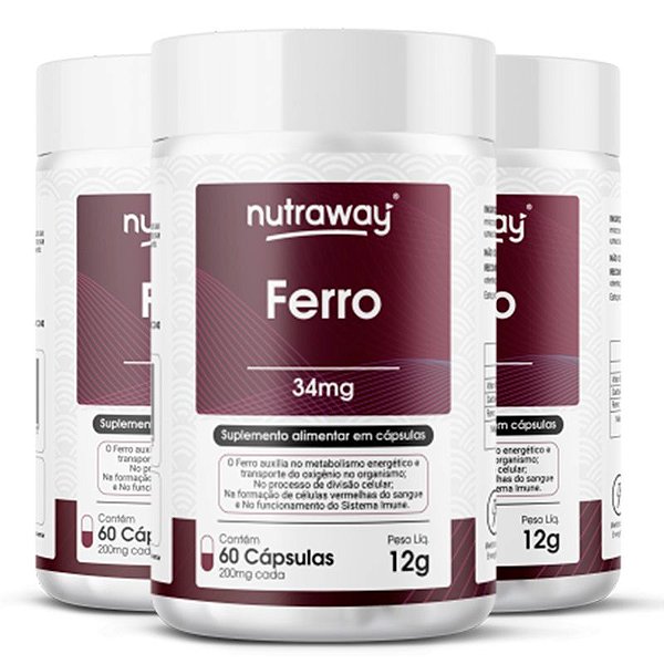 Kit 3 Ferro Nutraway 34 Mg 60 cápsulas