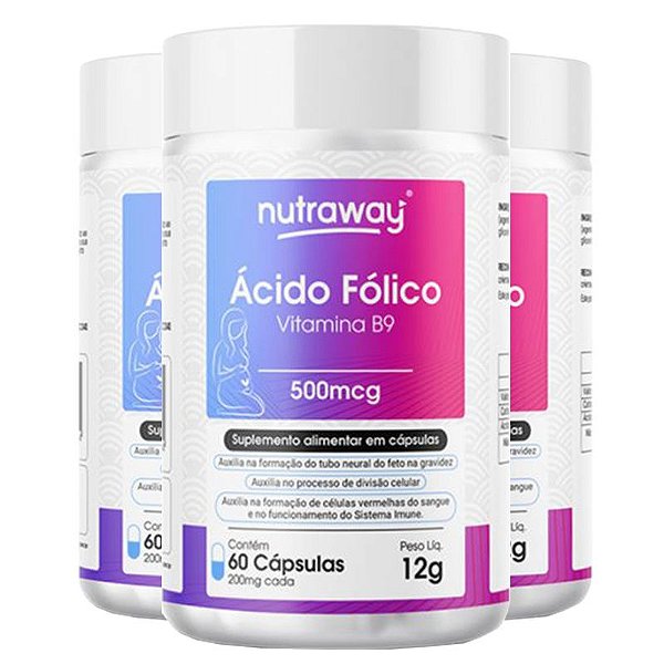 Kit 3 Vitamina B9 Ácido Fólico Nutraway 60 cápsulas