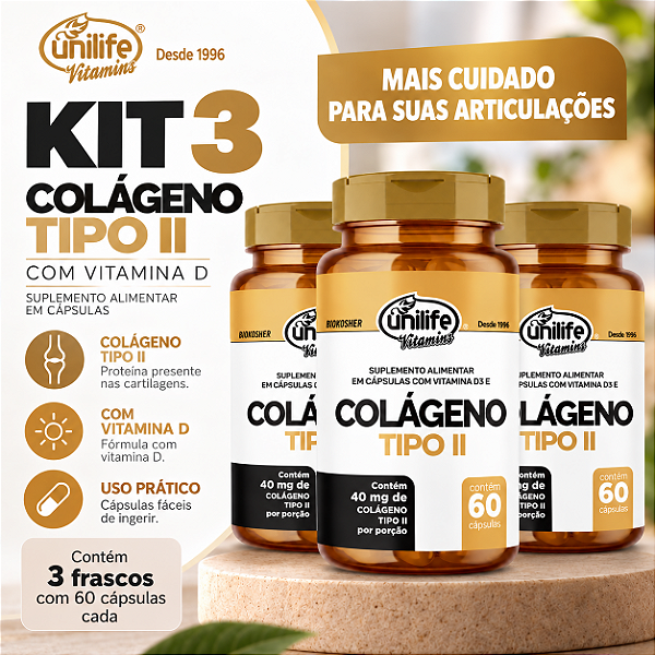 Kit 3 Colágeno Tipo II com Vitamina D Unilife 60 cápsulas