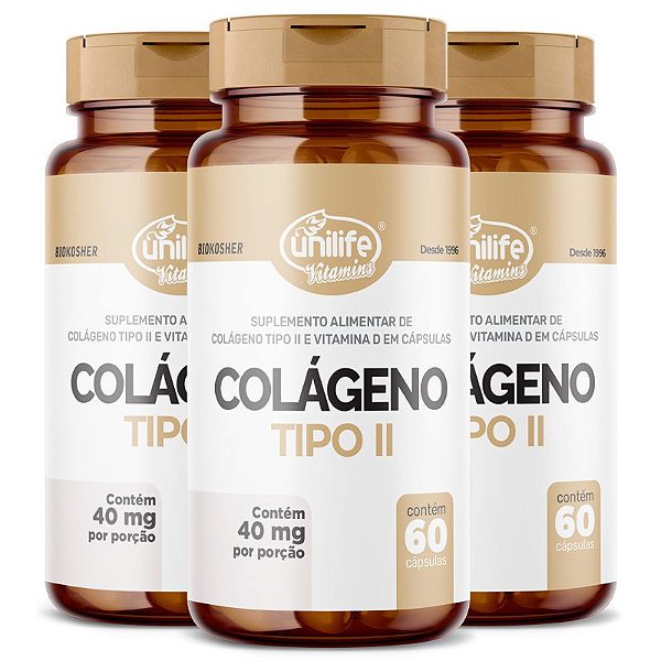 Kit 3 Colágeno Tipo II com Vitamina D Unilife 60 cápsulas