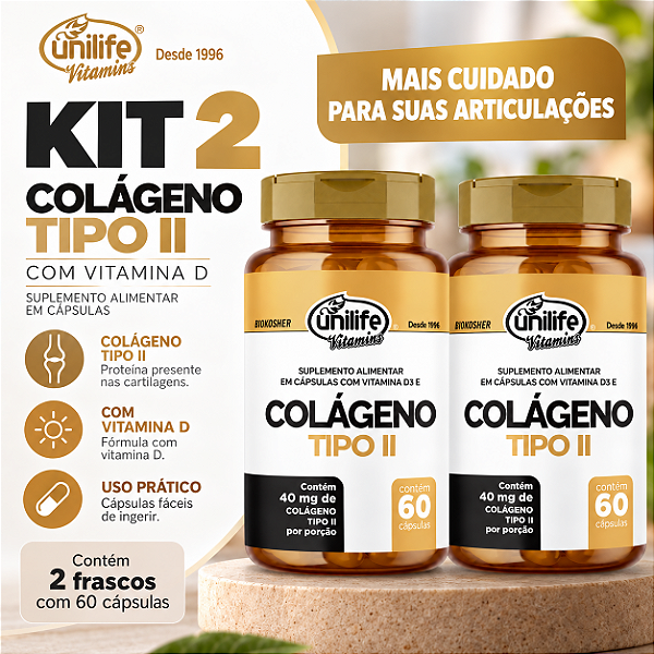 Kit 2 Colágeno Tipo II com Vitamina D Unilife 60 cápsulas