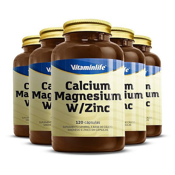 Kit 5 Calcium + Magnesium + Zinco Vitaminlife 120 cápsulas