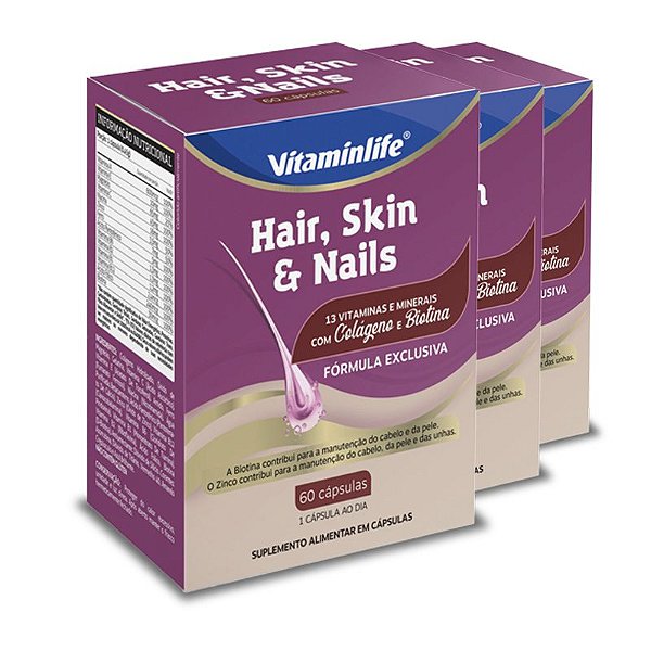Kit 3 Hair, Skin & Nails Vitaminlife 60 cápsulas