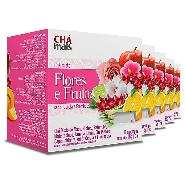 Kit 5 Chá Flores e Frutas Sabor cereja e framboesa ClinicMais 10 sachês