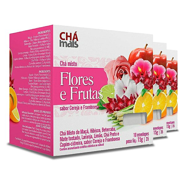 Kit 3 Chá Flores e Frutas Sabor cereja e framboesa ClinicMais 10 sachês