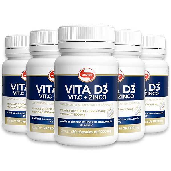Kit 5 Vita D3 + C + Zinco Vitafor 30 cápsulas