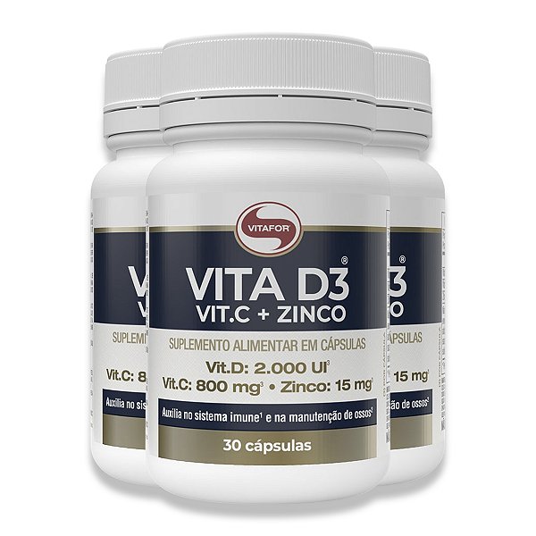 Kit 3 Vita D3 + C + Zinco Vitafor 30 Cápsulas
