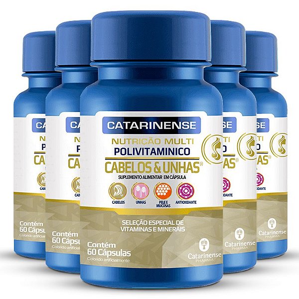 Kit 5 Polivitamínico Cabelos e Unhas Catarinense 60 Cápsulas