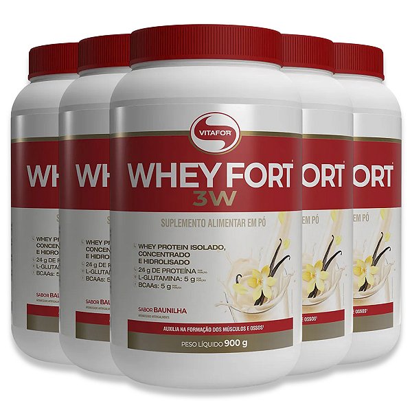 Kit 5 Whey Protein Vitafor Fort 3W 900g Baunilha