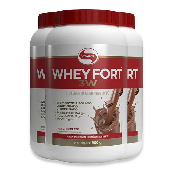 Kit 3 Whey Fort 3W Vitafor 900g Chocolate