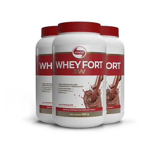 Kit 3 Whey Fort 3W Vitafor 900g Chocolate