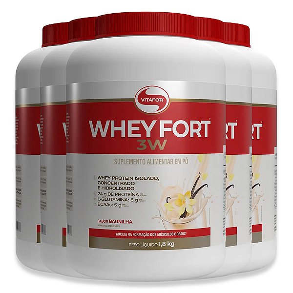 Kit 5 Whey Fort 3W Vitafor Baunilha 1800g