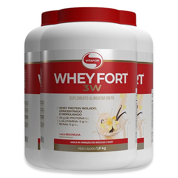 Kit 3 Whey Fort 3W Vitafor Baunilha 1800g