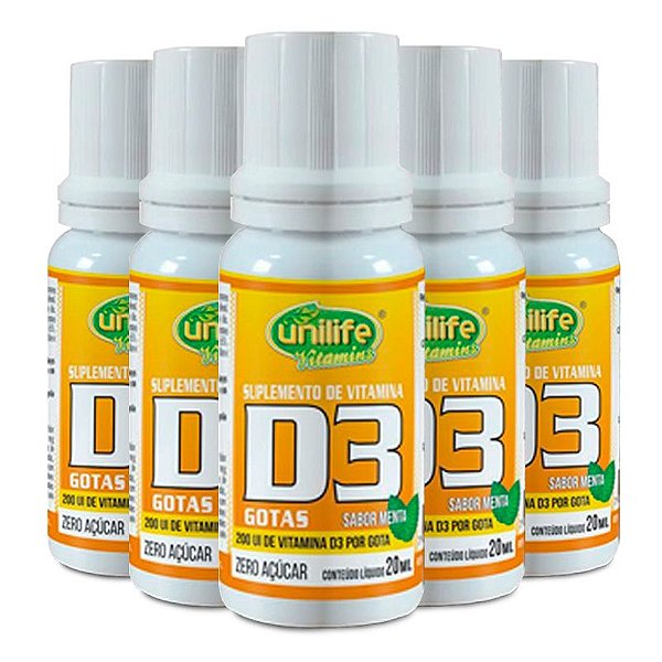 Kit 5 Vitamina D3 Unilife em gotas sabor menta 20ml