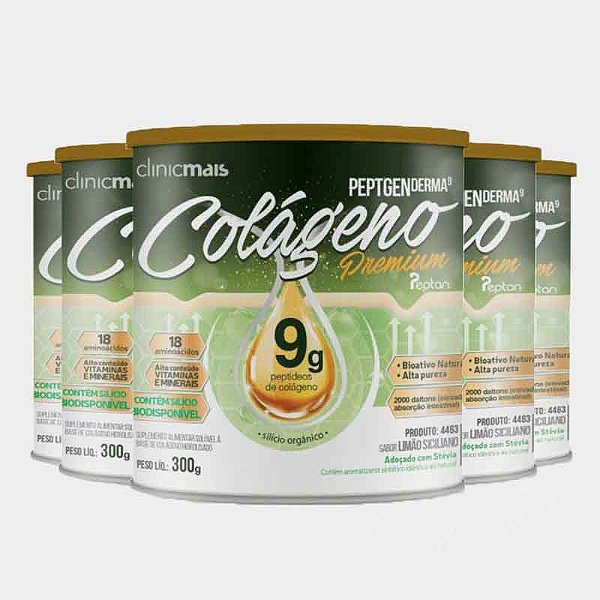 Kit 5 Colágeno Hidrolisado Premium 9g Clinic Mais 300g Limão Siciliano