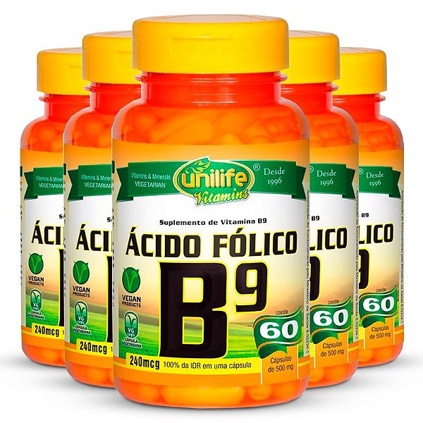 Kit 5 Vitamina B9 Ácido Fólico 60 cápsulas Unilife