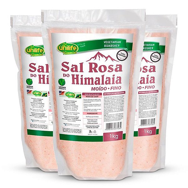 Kit 3 Sal Rosa do himalaia moído fino Unilife 1Kg
