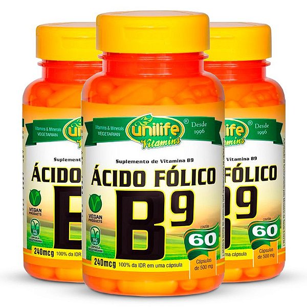 Kit 3 Vitamina B9 Ácido Fólico 60 cápsulas Unilife