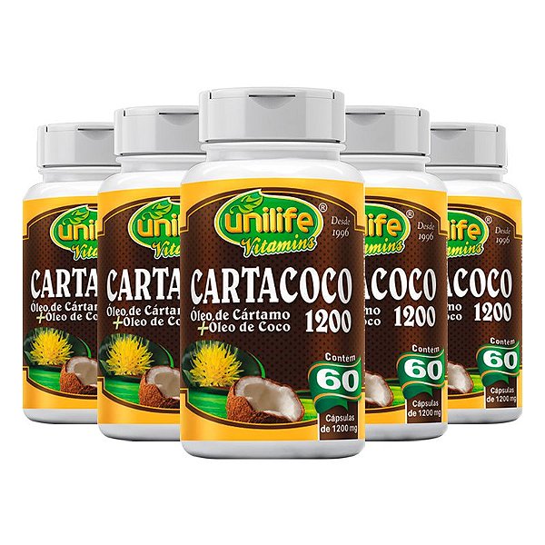 Kit 5 Cartacoco óleo de cartamo e coco Unilife 60 cápsulas