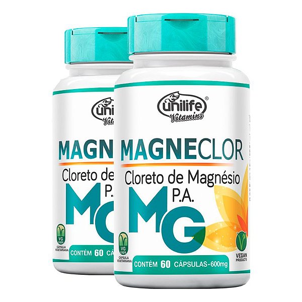 Kit 2 Cloreto de Mag. Magneclor 600mg Unilife 60 Cápsulas Cx.