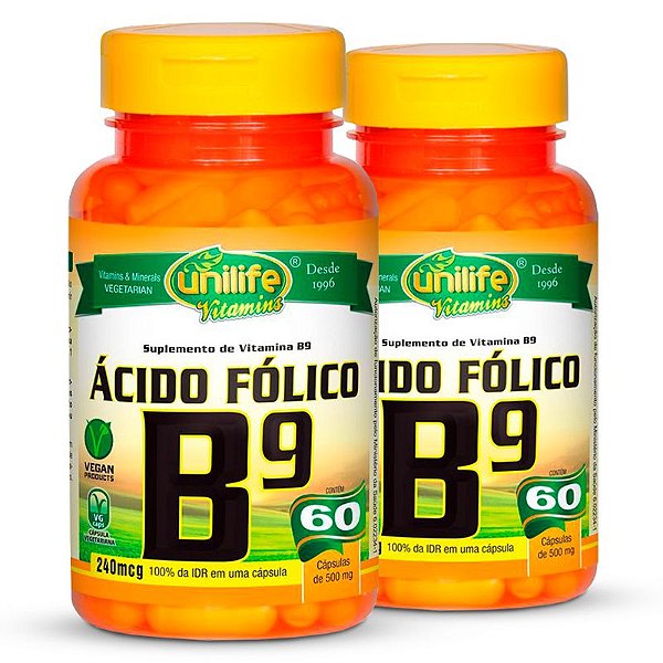 Kit 2 Vitamina B9 Ácido Fólico 60 cápsulas Unilife