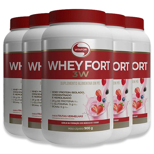 Kit 5 Whey Fort 3W Vitafor Frutas Vermelhas 900g