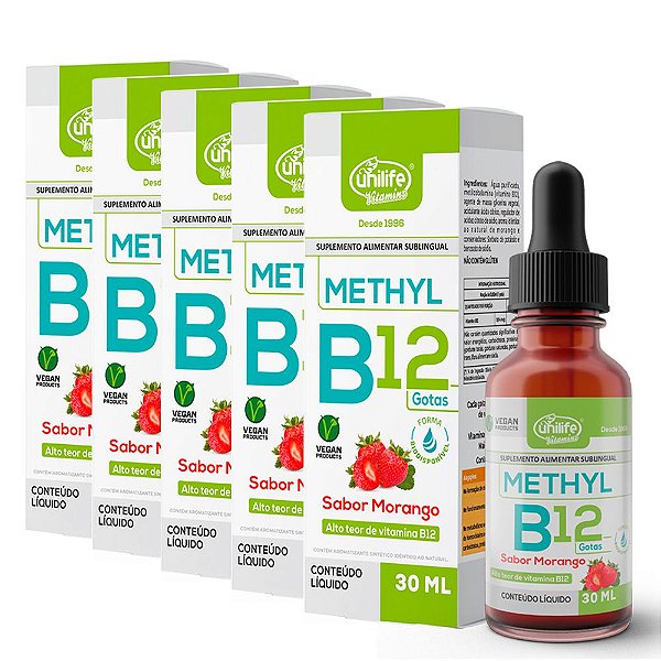Kit 5 Vitamina B12 Methyl em gotas Unilife  sabor Morango 30 ml