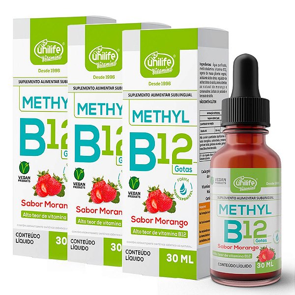 Kit 3 Vitamina B12 Methyl em gotas Unilife  sabor Morango 30 ml