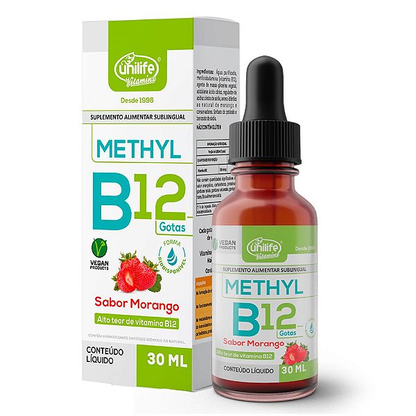 Vitamina B12 Methyl em gotas Unilife  sabor Morango 30 ml