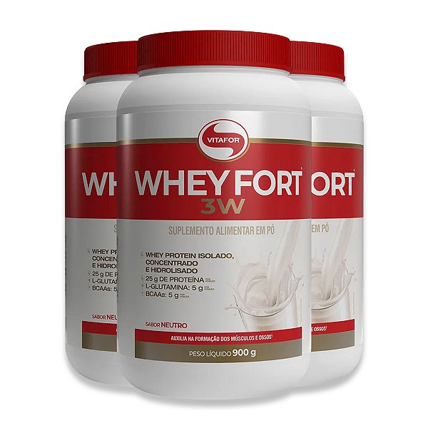Kit 3 Whey Fort 3W Neutro Vitafor 900g