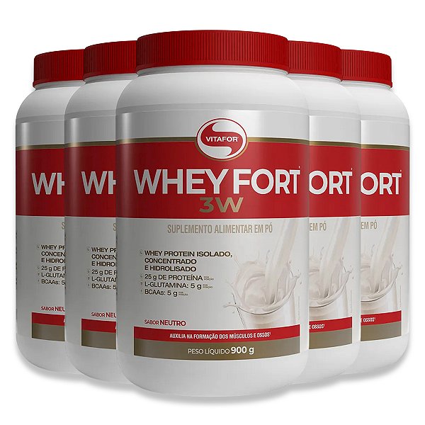 Kit 5 Whey Protein Vitafor Fort 3W 900g Neutro