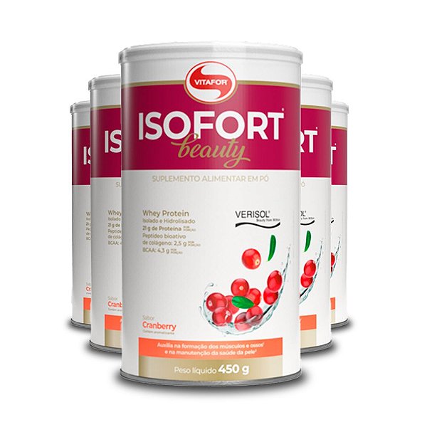 Kit 5 Whey Protein Isofort Beauty Isolado Vitafor Cranberry 450g
